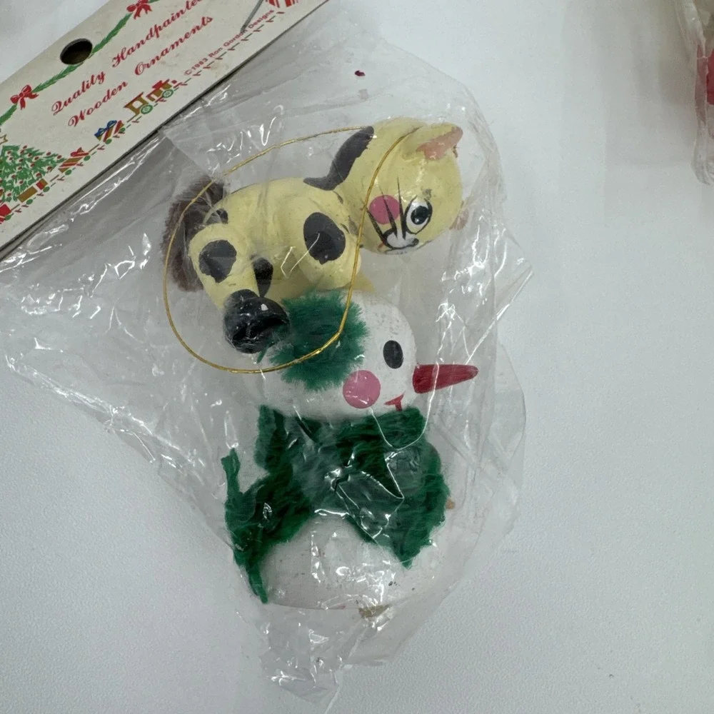 Vintage Lot 4 Mini‎ Wooden CAT Christmas Ornaments Hand Painted Made Taiwan New